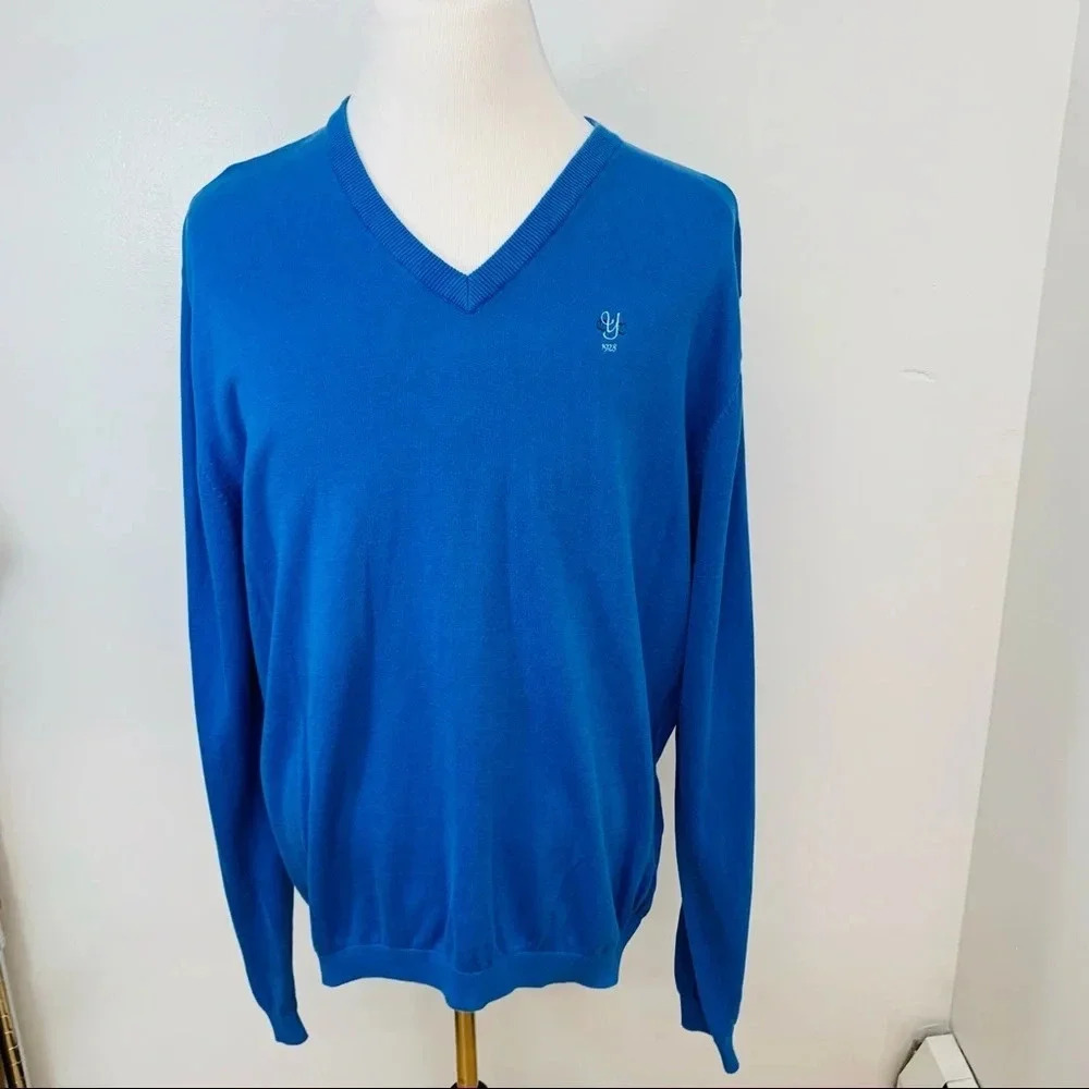 Ashworth Sweater Men XL Blue Pima‎ Cotton V Neck Long Sleeve Classic Golf Logo